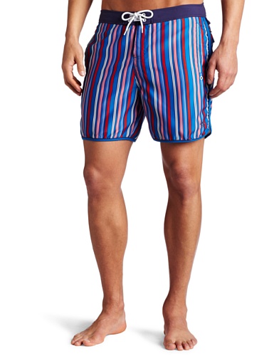 Original Penguin Men's Striped Mid Thigh Swim Trunk, Classic Blue, 30 SP