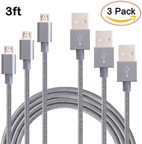 Sethjcsy 3 Pack 3FT Nylon Braided Micro USB Cable High Speed USB 2.0 A Male to Micro B Sync and Charging Cord for Android, Samsung Galaxy S6, HTC, LG, Motorola, Nokia and More (Grey-3ft)