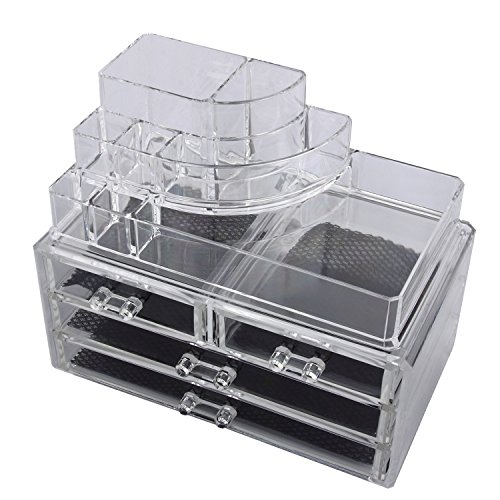 Makeup Case Acrylic Clear Cosmetic Organiser Display Box Jewelry Box Acrylic Makeup Storage 4 Drawers + Top Section