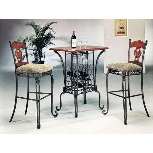 3 PIECE BAR TABLE SET WITH WINE RACK BASE - Bar Table and 2 Bar Chairs