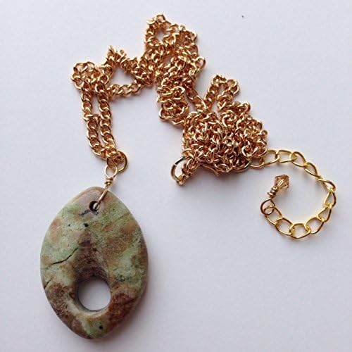24" Gold Plated Chain Necklace with Green Moss Agate Pendant and Champagne Swarovski Extender