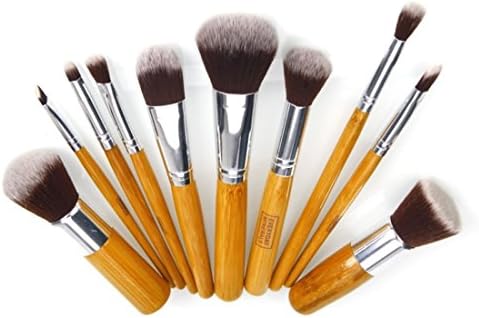 Aliliya Professional 10PCS Premium Luxurious Synthetic Hair Kabuki Makeup Brush Set Cosmetics Foundation Blending Blush Face Powder Brush Makeup Brush Kit - Silver Wood Yellow