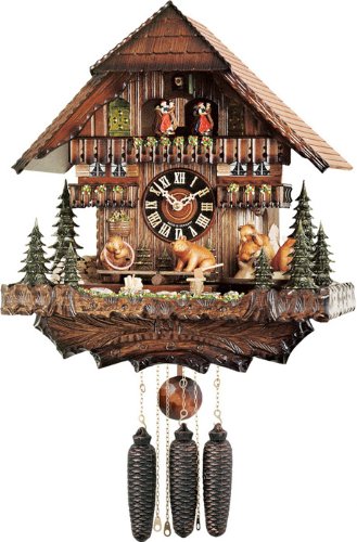 River City Clocks MD878-16 Eight Day Musical Cuckoo Clock with Dancers, Bears Seesaw And Revolve On Turntable, 16-Inch Tall