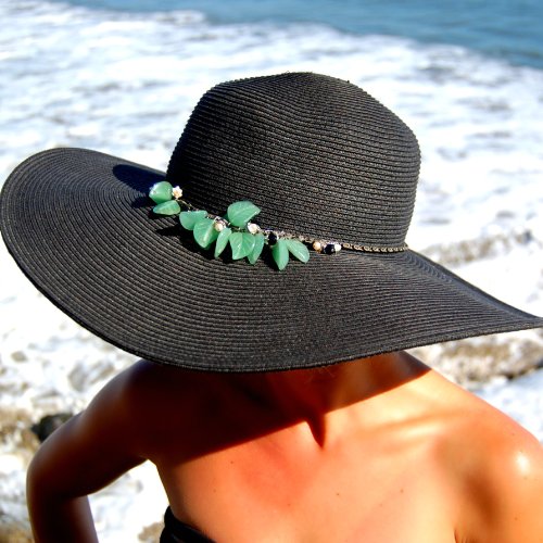 01003 Dasheka Co. Women's Wide Brim Hat (Black) -- BELIZE Aventurine, Pearls & Black Onyx01003 Dasheka Co. Women's Wide Brim Hat (Black) -- BELIZE Aventurine, Pearls & Black Onyx