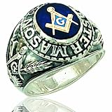 Men's Sterling Silver Solid Back Blue Stone Masonic Ring