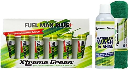 Xtreme Green Waterless Car Wash Kit - Wash & Protect No Water Needed Includes 2 x Towels (6oz) AND Fuel Max Plus+ for Gas & Diesel Reduces Emissions Improve Fuel Economy (6 x 20ml bottle) Value Combo