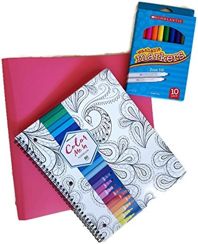 Back to School Suplies - 1" 3 Ring Binder, Color Me In Notebook and 10 Pack Scholastic Markers - Bundle of 3