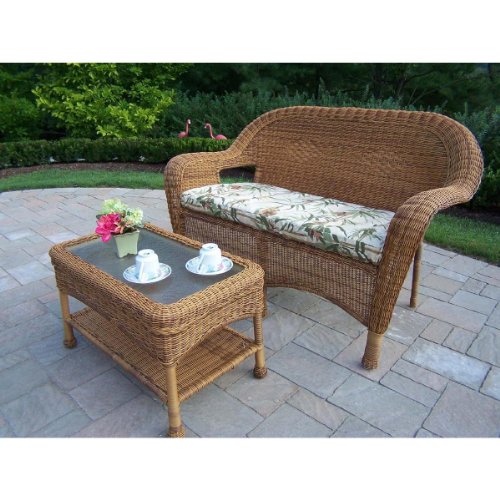 Oakland Living Resin Wicker 2pc Loveseat and Coffee Table Set with Cushions