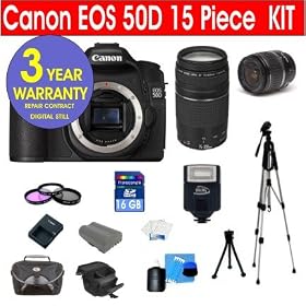 Canon EOS 50D 15.1 Digital SLR Camera with Canon EF-S 18-55mm IS Lens + Canon 75-300mm f/4-5.6 Telephoto Zoom Lens + 16 GB Memory Card + Multi-Coated UV Filter (2) + Multi-Coated Polarizer Filter + Digital Slave Flash + 50 Titanium Anodized Tripod + Deluxe Camera Bag + 6 Piece Accessory Kit + 3 Yea