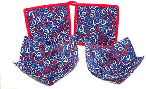 Matching Set of 2 Quilted Chenille Pot Holders and 2 Fabric Microwave Bowls - Patriotic Ribbons - Handcrafted in the USA - Limited Edition - Satisfaction Guaranteed