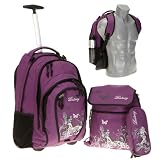 Produkt-Bild: 3er SET: Trolley BESTWAY ROLLIN Rucksacktrolley Schultrolley Schulrucksack + SPORTBEUTEL + M&Auml;PPCHEN | LILA BUTTERFLY