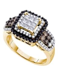 1 cttw 14k Yellow Gold Diamond Princess Cut Invisible Set Brown and Black Diamond Cocktail Ring (Real Diamonds: 1 cttw, Ring Sizes 4-10)
