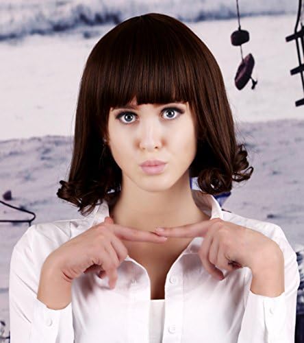 Women Bob Stylish Slightly Curled with Bangs Wig + Wig Cap + Hair Clip