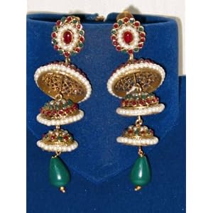 Bridal Polki Style Emerald Green and Pearls Bollywood Fashionable Dangling Earrings From India