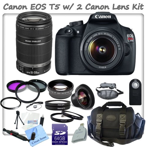 reviews Canon EOS Rebel T5 EF-S 18-55mm IS II Digital SLR Kit & Canon EF-S 55-250mm f/4.0-5.6 IS II Telephoto Zoom Lens + CS Pro Kit: Includes Wireless Remote, 64GB High Speed SDXC Memory Card, SD Card Reader, Wrist Strap, High Definition Wide Angle Lens, Telephoto HD Lens, 3 Piece Professional Filter Kit (UV,CPL,FLD) 4 Piece Macro Close-up Set, UV Filter, Lens Cap Keeper, Professional Carrying Case, Starters Kit, Lens Pen & CS Microfiber Cleaning Cloth