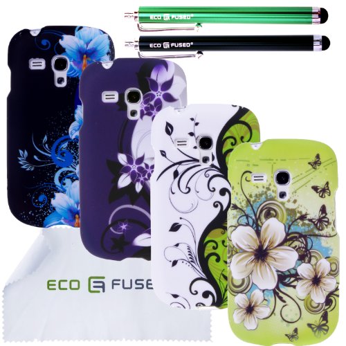 ECO-FUSED Samsung Galaxy S III MINI I8190 (T-Mobile,AT&T) Flowers hard case Combine Cover Bundle / Four Flowers hard case cover (White with green/Green/Purple with grey/Black) / Two Stylus Pens (Black / Green) / 2 Screen Protectors /1 Opening Tool/ Free