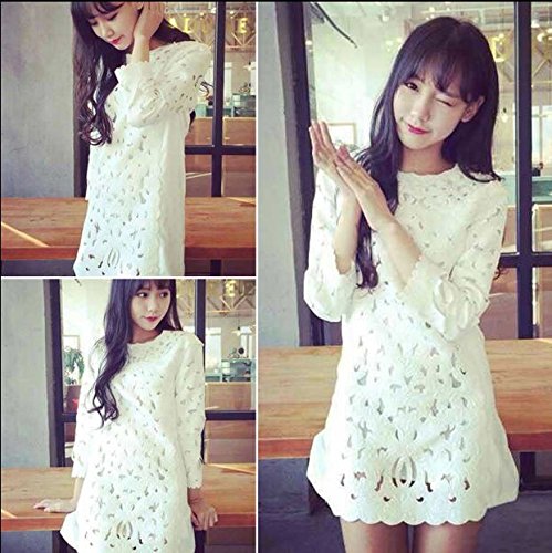 7分袖ワンピースミニ チュニック レース調 Aライン レディース ホワイト 白 きれいめ フォーマル 大人可愛い