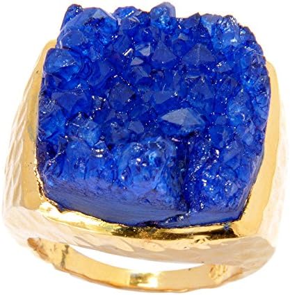 Jewelry By V3 Women's Rough Cut Sugar Druzy Gold Plated Brass Hammerd Square Ring Blue 8