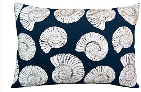 COASTAL NAUTICAL BEACH PILLOWS 12 X 20 Indoor Cotton - Beaded Nautilus Shell Lumbar Pillow Hand-beaded nautilus shells adorn this contemporary, navy indoor cotton pillow.