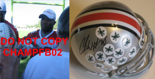 CHRIS WELLS,BEANIE WELLS,OHIO STATE,BUCKEYES,ARIZONA CARDINALS,SIGNED,AUTOGRAPHED,MINI HELMET WITH PROOF + COA