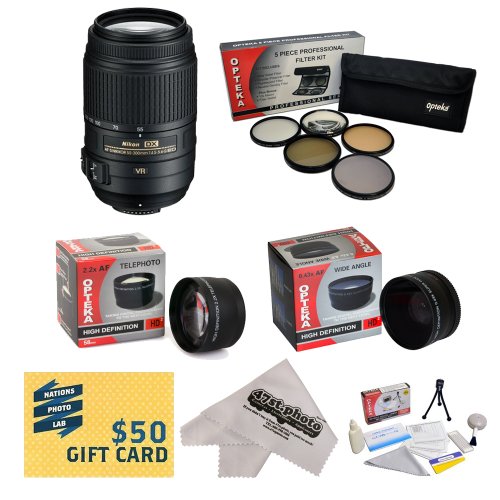 detail Nikon AF-S Nikkor 55-300mm f/4.5-5.6G ED VR Zoom Lens with Opteka Wide and Telephoto Attachment Lenses and More!