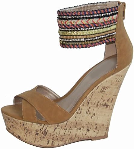 Fast Fashion Shoes Tribal Ankle Strap Embellished Metallic Chevron Wedge Sandals (6.5 B(M) US, Camel)