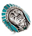 Teal Enamel 925 Silver Native American Indian Head Ring