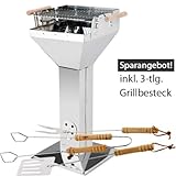 Grill Holzkohlegrill Trichtergrill PREMIUM Mini Edelstahl Grillfläche 36x36 cm Set inkl. Grillbesteck