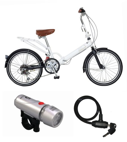 Raychell(レイチェル) 20インチ6スピード折畳み自転車 VO-206R-07 ホワイト / LED5連ライト / ディンブル錠 JC-003W ブラック 3点セット