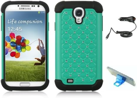 Samsung Galaxy S4 Studded diamond Protective Case, Screen Protector, Purple Touch Stylus, Stand, Car Charger (Teal)