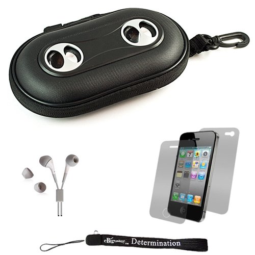 Black Portable Hard Case Cover Shell with Integrated Speakers for Apple iPhone 4 ( 4th Generation 16GB 32GB - AT&T and Verizon ) + Includes Anti Glare Screen Protector Guard + Includes High Quality HD Noise Filter Earphones