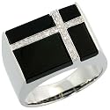 14k White Gold Men's Ring, w/ Black Onyx Stones & 0.15 Carat Brilliant Cut Diamonds, 9/16" (14mm) wide