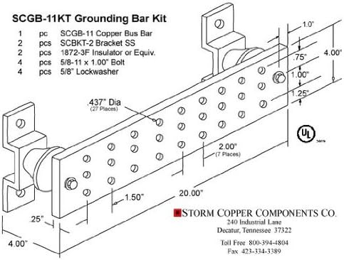 Wall Mounted Tin Plated Copper Ground Bus Bar Kit- SPCGBZ3250420-T-KT1- Thickness .25" Width 4" Length 20"