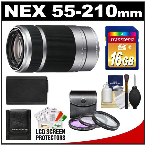 Sony Alpha NEX E-Mount 55-210mm f/4.5-6.3 OSS Zoom Lens with 16GB Card + NP-FW50 Battery + 3 UV/FLD/PL Filters + Accessory Kit for NEX-3, NEX-C3, NEX-5, NEX-5N & NEX-7 Digital Cameras
