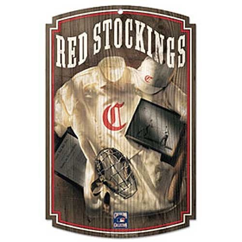 Caseys Distributing 3208570554 Cincinnati Reds Wood Sign with Throwback Red Stockings Jersey