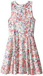 Girls Gathered Princess Seams   Waistline Cotton/Spandex Fit-and-Flare Floral Print  Dress