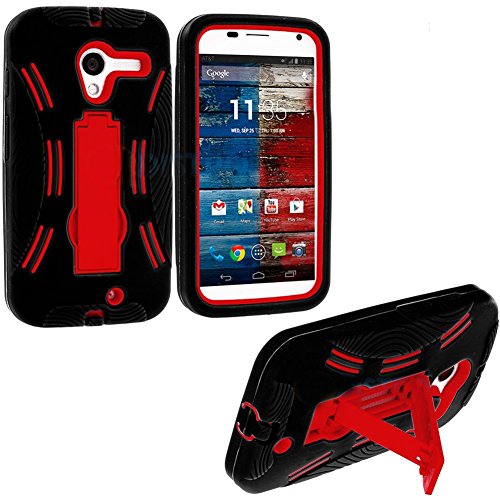 myLife Black + Red Survivor Shield (Built In Kickstand) for Moto X by Motorola (Fits Google Play Edition, XT1049, XT1053, XT1055, XT1056, XT1058, XT1060) Smartphone Body Glove Case (External Soft Silicone Protective Gel + 2 Piece Internal Snap Guard)