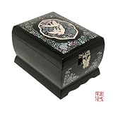Mother of Pearl Asian Lacquer Wooden Black Bird Music Jewelry Case Trinket Keepsake Treasure Gift Box Organizer with Crane Design