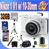1 V1 Mirrorless Digital Camera with 10-30mm Lens White + 32GB SDHC Memory + USB Card Reader + Deluxe Case w/Strap + Full Size Tripod + Memory Card Wallet + Lens Pen Cleaner + Zing Micro Fiber Cleaning Cloth + Accessory Saver Bundle!
