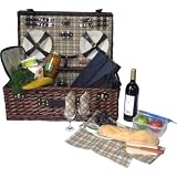 Classic Wicker Picnic Basket With Built-in Food Compartment , Upscale Service for 4 w/ Canterbury Fleece Blanket