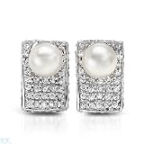 Earrings With 0.80ctw Genuine Clean Diamonds and 6mm Freshwater Pearls Made of 14K White Gold Length 13mm