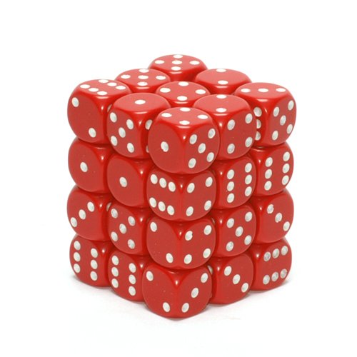 Chessex Dice d6 Sets: Opaque Red with White - 12mm Six Sided Die (36) Block of Dice On Sale