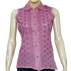 Womens Dress Shirt Cotton Sleeveless Top Blouse Chikan Embroidery Size XS (ctop442)