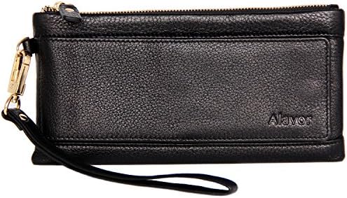 Alavor Women RFID Blocking Wallet Black Genuine Leather Ladies Zipper Wrist Purse (Black)