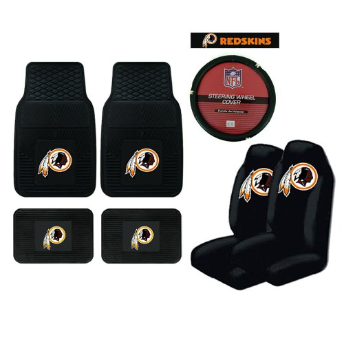 A Set of 4 Universal-Fit NFL All Weather Vinyl Floor Mats, 2 Front Universal Fit Bucket Style Seat Covers, and a Comfort Grip Steering Wheel Cover - Washington Redskins