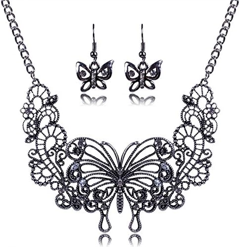 JEWHOTFAS Hot Sale Fashion Jewelry Exaggerated Retro Vintage Punk Style Anti-Silver Zipper Butterlfy Chokers Necklace Earrings Set