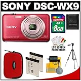 Sony Cyber-Shot DSC-WX9 16.2 MP Digital Camera (Red) with 8GB Card + (2) Ba ....