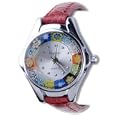 Round Red Band Flower Encircled Murano Millefiori Watch