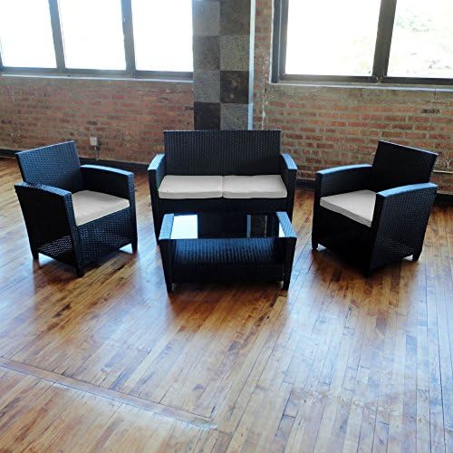 Pelican Outdoor Wicker Patio Furniture 4 pc Sofa Set in Black Wicker with Ivory Cushions