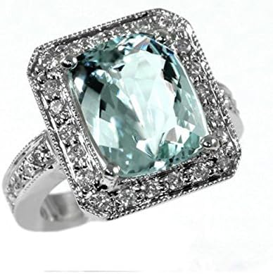 4 cttw 14k White Gold Diamond Cushion Cut Blue Aquamarine Brilliant Cut Halo Vintage Ring (Sizes 4-13)